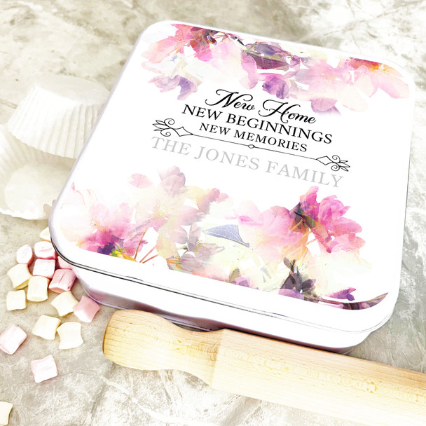 Square New Home New Beginnings Floral Personalised Treat Tin