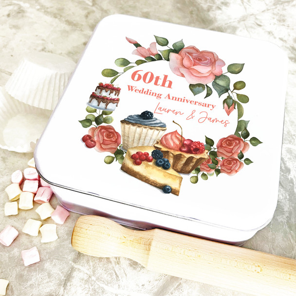 Square Pastry Floral 60th Wedding Anniversary Personalised Cake Tin