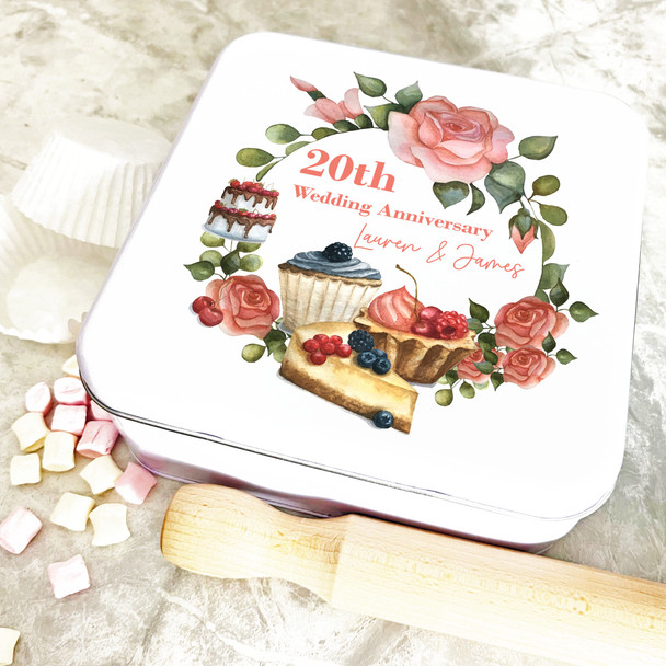 Square Pastry Floral Peach Wreath Anniversary Personalised Cake Tin