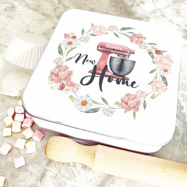 Square Peach Floral Mixer New Home Personalised Cake Tin