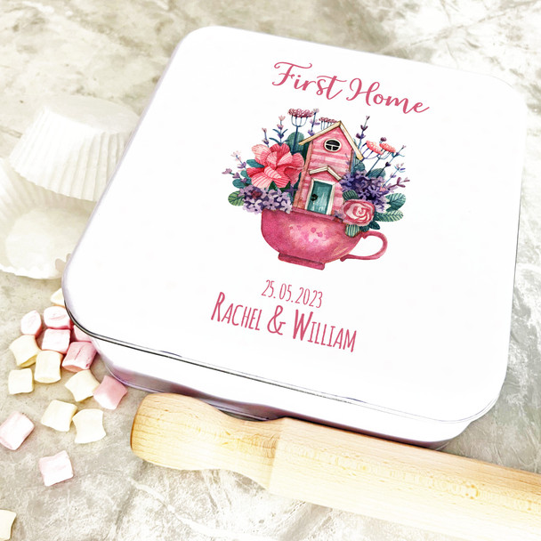Square Pink Cup House In Flowers First Home Personalised Cake Tin