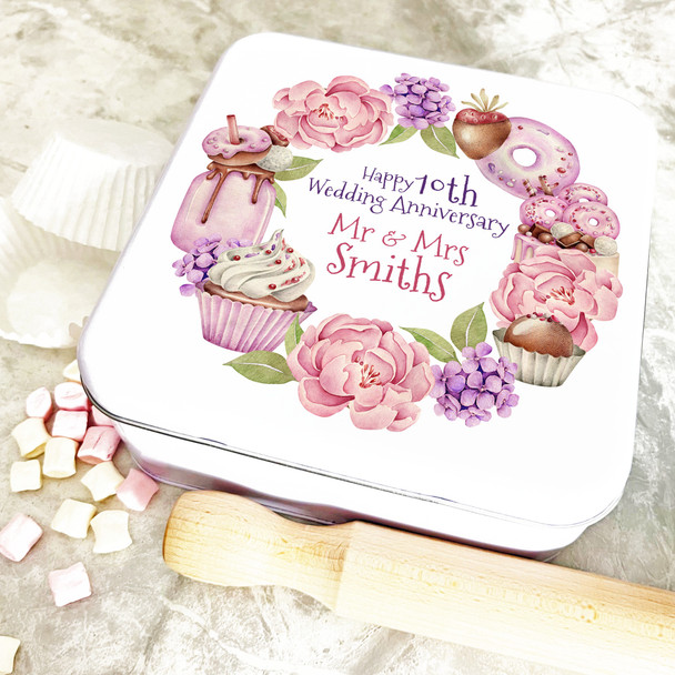 Square Pink Floral Wreath 10th Wedding Anniversary Personalised Cake Tin