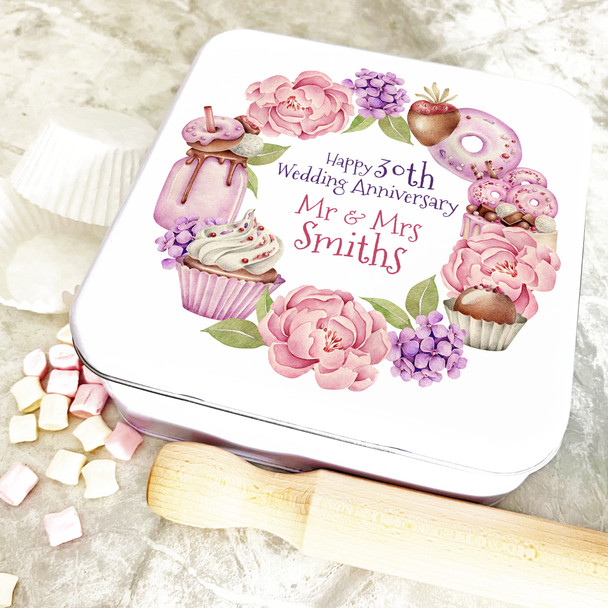 Square Pink Floral Wreath 30th Wedding Anniversary Personalised Cake Tin