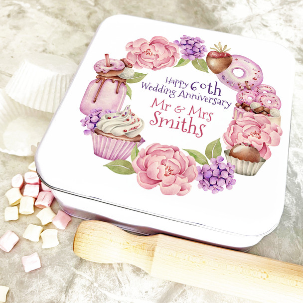 Square Pink Floral Wreath 60th Wedding Anniversary Personalised Cake Tin