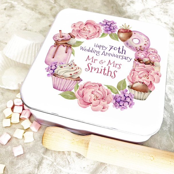 Square Pink Floral Wreath 70th Wedding Anniversary Personalised Cake Tin