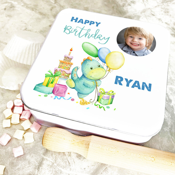 Square Birthday Boy Dinosaur Green Photo Personalised Cake Tin