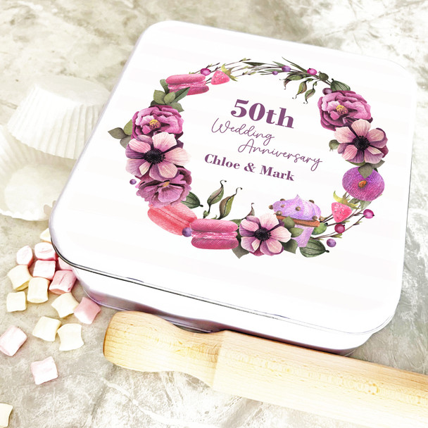 Square Pink Macarons Floral 50th Wedding Anniversary Personalised Cake Tin