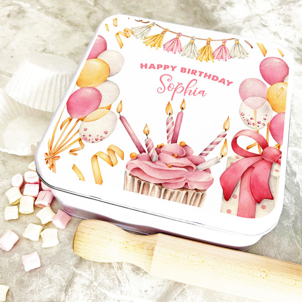 Square Pink Yellow Pretty Watercolour Birthday Cupcake Personalised Cake Tin