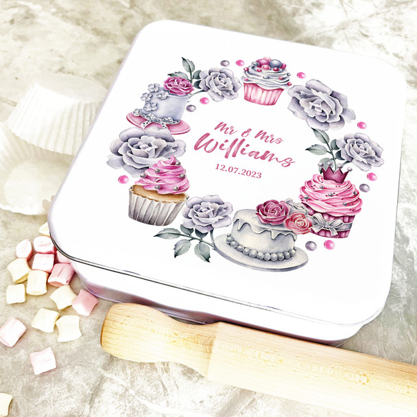 Square Purple Pink Cupcake Wreath Mr & Mrs Personalised Cake Tin