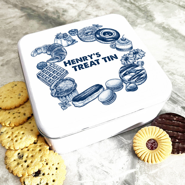 Square Vintage Style Navy Pastry Wreath Personalised Treat Tin