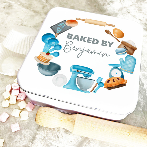 Square Watercolour Baking Wreath Blue Baked By Personalised Cake Tin