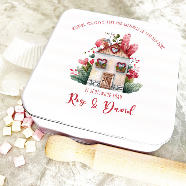Square Watercolour Cute House New Home Personalised Cake Tin
