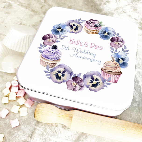 Square Blue Purple Floral Cupcake Wreath Personalised Treat Tin