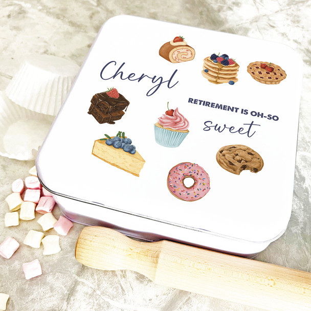 Square Watercolour Pastry Treats Retirement Personalised Cake Tin