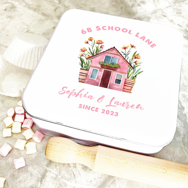 Square Watercolour Pink House Flowers New Home Personalised Cake Tin