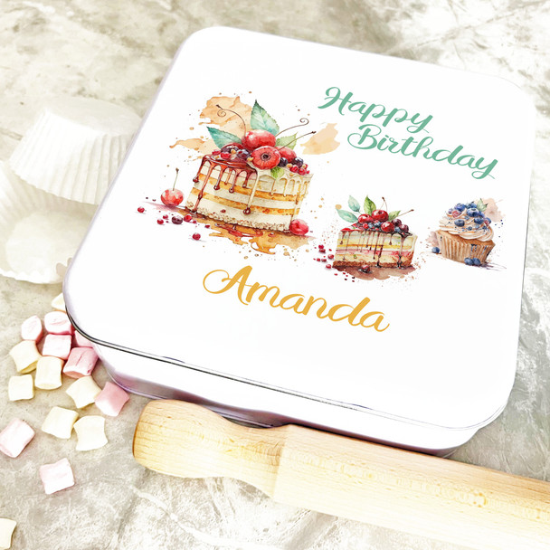 Square Watercolour Pretty Bakes Birthday Personalised Cake Tin