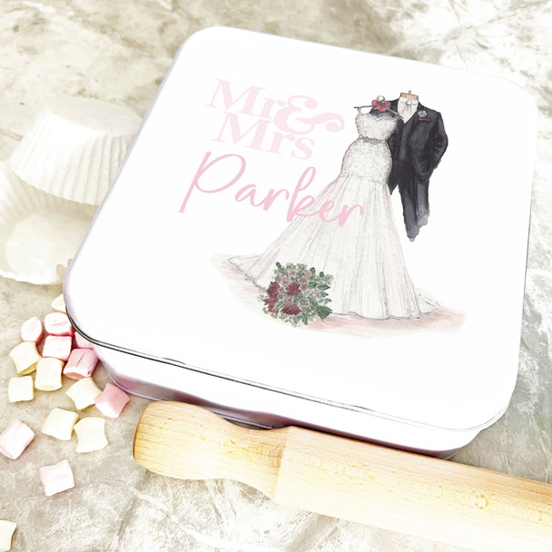 Square Wedding Day Outfit Mr & Mrs Personalised Cake Tin