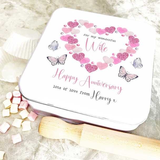 Square Wife Anniversary Pink Heart Butterfly Personalised Treat Tin