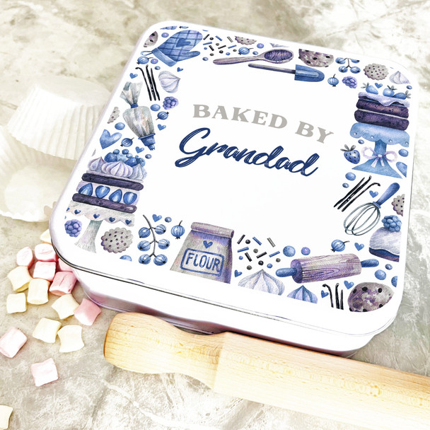 Square Blue Watercolour Baked By Grandad Personalised Treat Tin