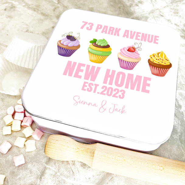 Square Bright Cupcakes New Home Personalised Treat Tin