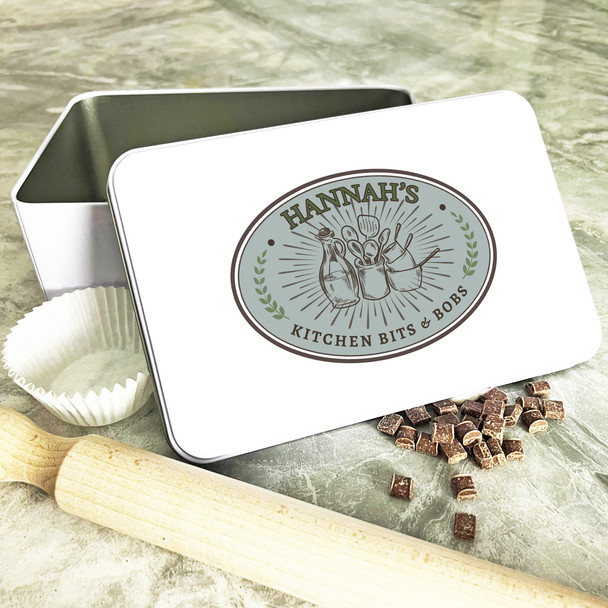 Kitchen Tools Vintage Teal Label Personalised Bits and Bobs Storage Tin