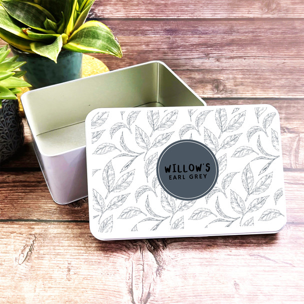 Navy Grey Doodle Leaves Personalised Earl Grey Tea Storage Tin