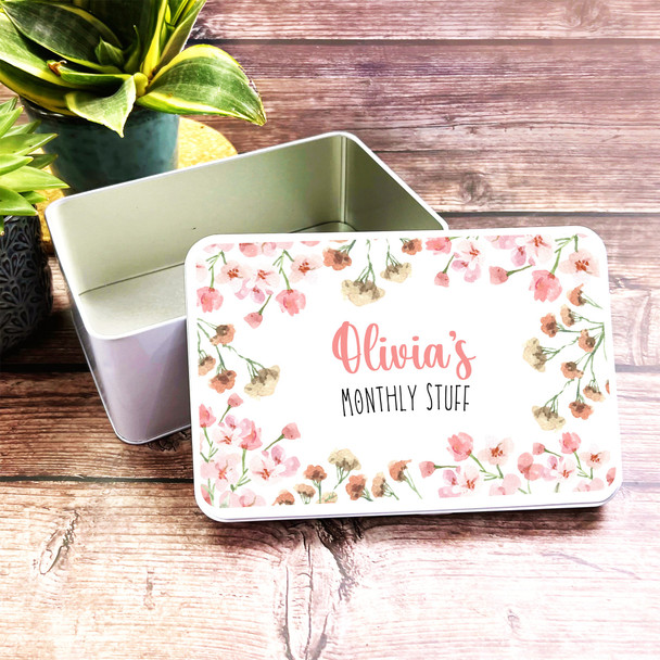 Pink Peach Watercolour Floral Frame Personalised Period Monthly Tin