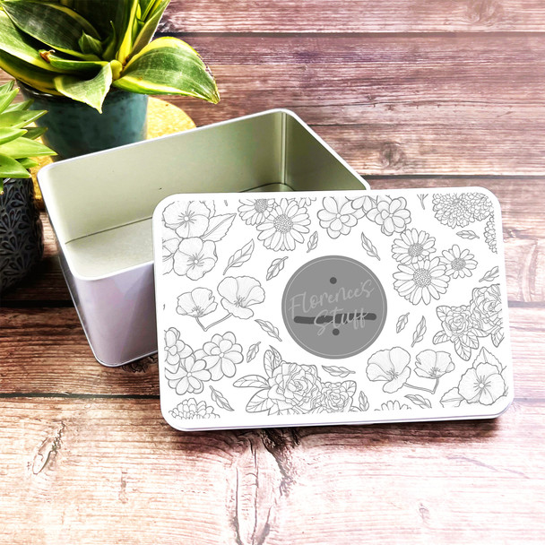 Black & White Doodle Floral Personalised Stuff Storage Tin