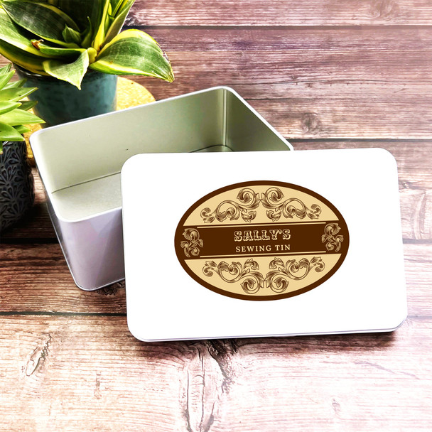 Vintage Style Brown Label Personalised Sewing Kit Storage Tin