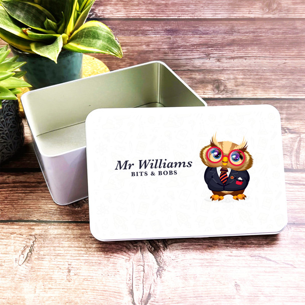 Cute Clever Owl Teacher Bits And Bobs Rectangle Personalised Tin