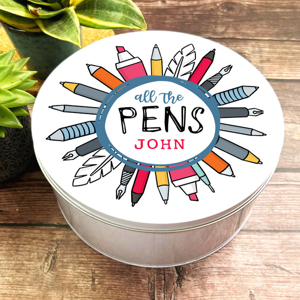 Round All The Pens Stationary Art Personalised Craft Tin