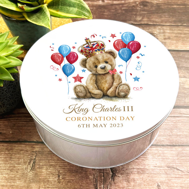 Round Watercolour Teddy Bear Balloons King Charles III Coronation Souvenir Tin