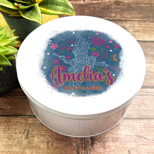 Round Embroidered Heron Flowers Splatter Personalised Keepsakes Storage Tin