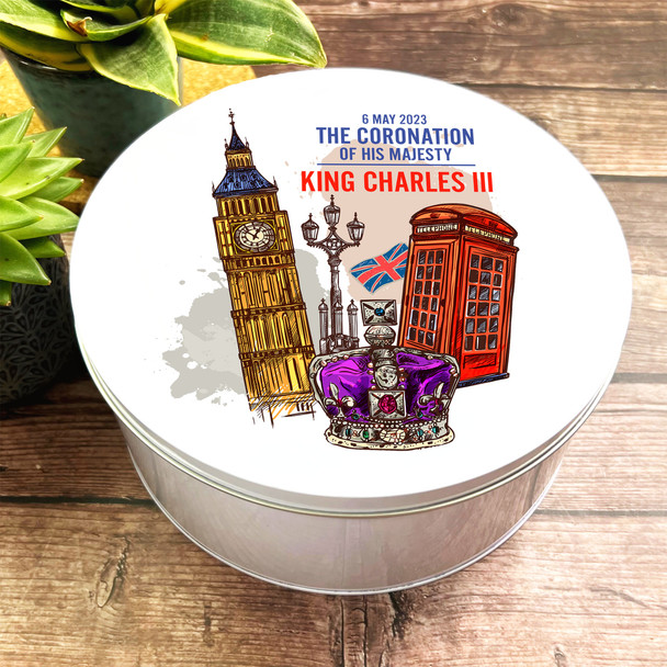 Round Big Ben Purple Crown Phone Box King Charles III Coronation Souvenir Tin