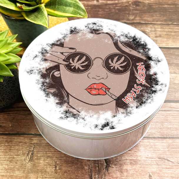 Round Girl In Weed Sunglasses Cannabis Personalised Stash Tin