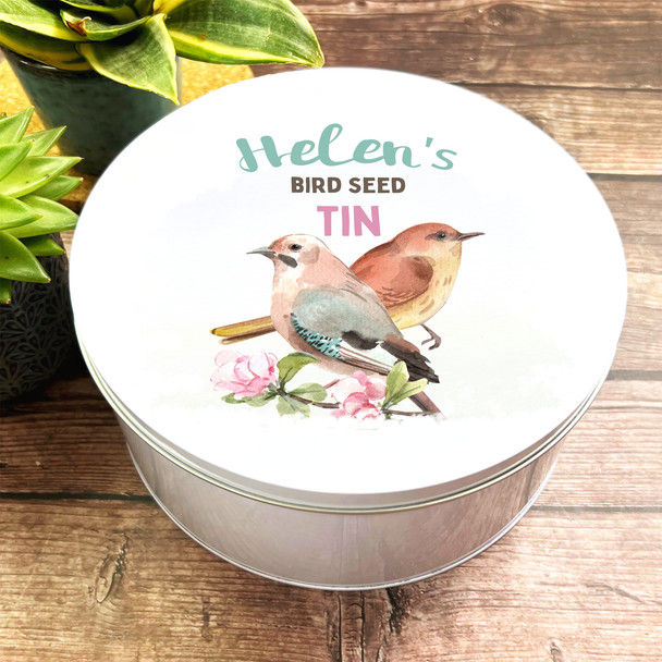 Round Bird Lover Gift Watercolour Birds Design Personalised Seed Storage Tin