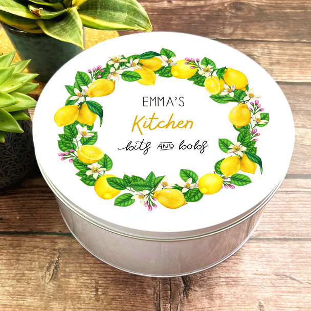 Round Lemon Floral Frame Kitchen Personalised Bits & Bobs Tin