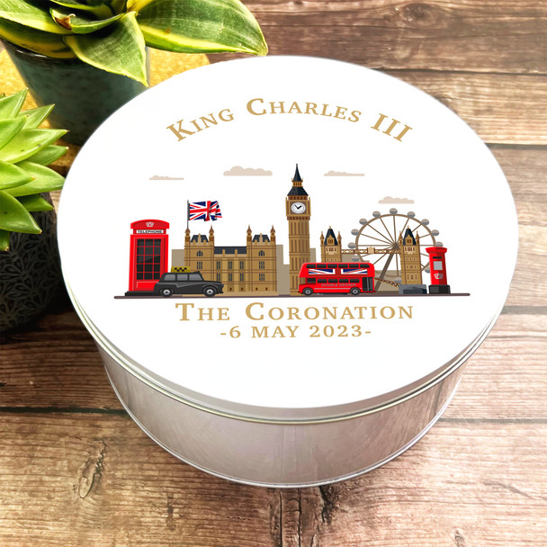Round London Skyline Landscape Big Ben King Charles III Coronation Souvenir Tin