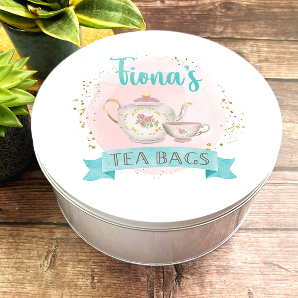 Round Pastel Watercolour Teapot Splatters Personalised Tea Bags Storage Tin