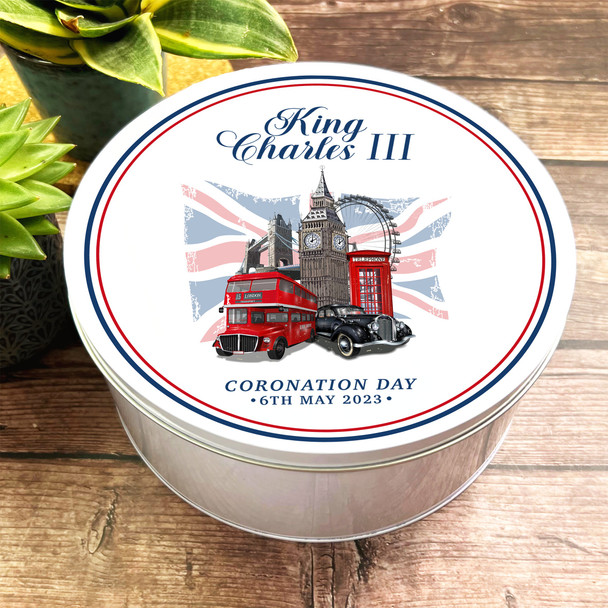 Round Retro London Union Jack King Charles III Coronation Souvenir Tin