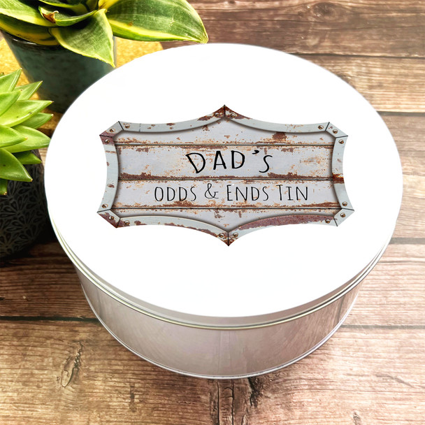 Round Rustic Dad's Odds & Ends Sign Personalised Men's Storage Tin