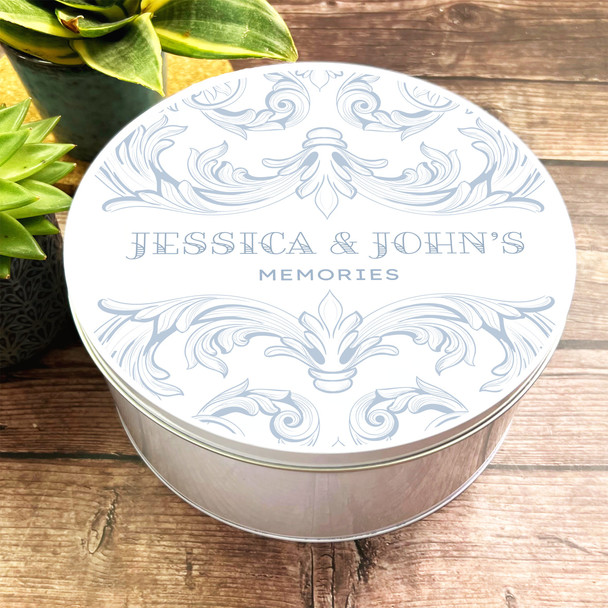 Round Blue Elegant Vintage Dusky Pastel Personalised Couple Memories Tin