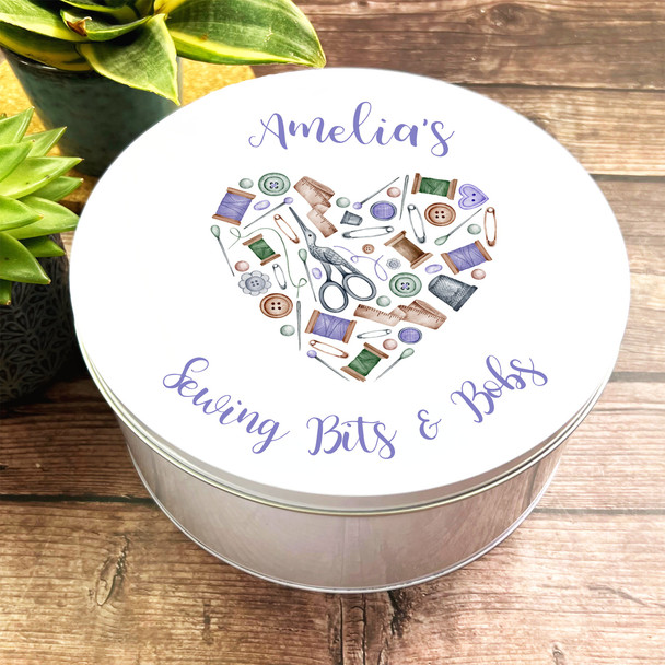 Round Sewing Kit Bits & Bobs Purple Heart Painted Personalised Tin