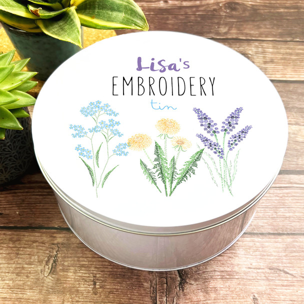 Round Sewing Kit Storage Pretty Flowers Personalised Embroidery Tin