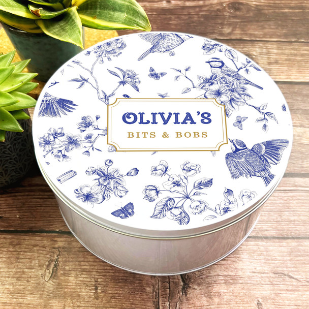 Round Blue Indigo Vintage Odds & Ends Bits & Bobs Personalised Storage Tin