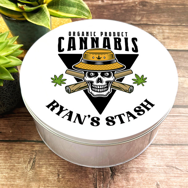 Round Skull Cannabis Leaf Colour Personalised Stash Tin