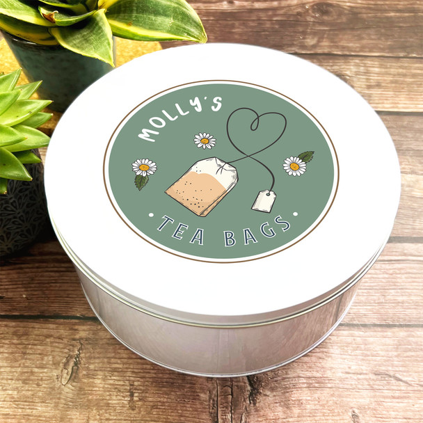 Round Tea Storage Daisies Cute Green Personalised Tea Bags Tin