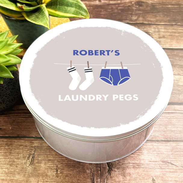Round Underwear & Socks Laundry Pegs Personalised Washing Tin