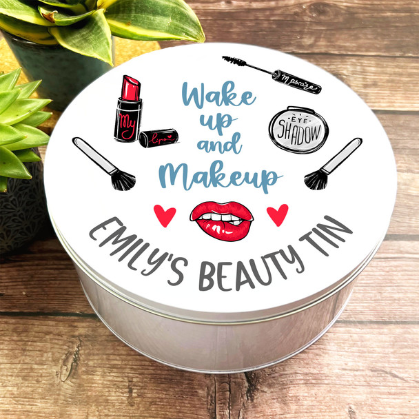 Round Wake Up & Makeup Pretty Personalised Beauty Tin