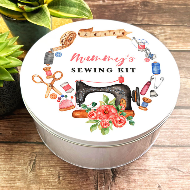 Round Watercolour Sewing Kit Machine & Peony Flowers Personalised Tin